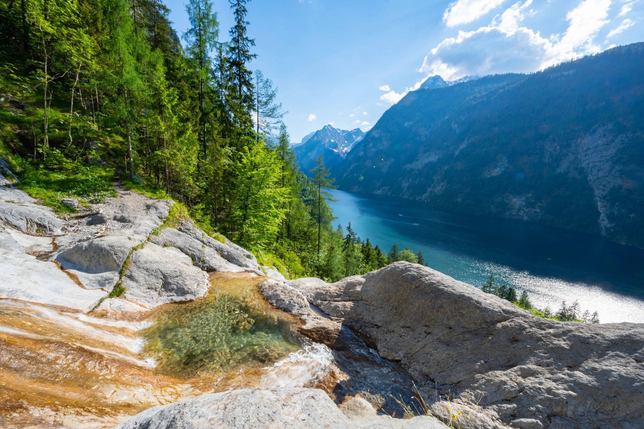 Mountain lake and waterfall in a peaceful natural setting
